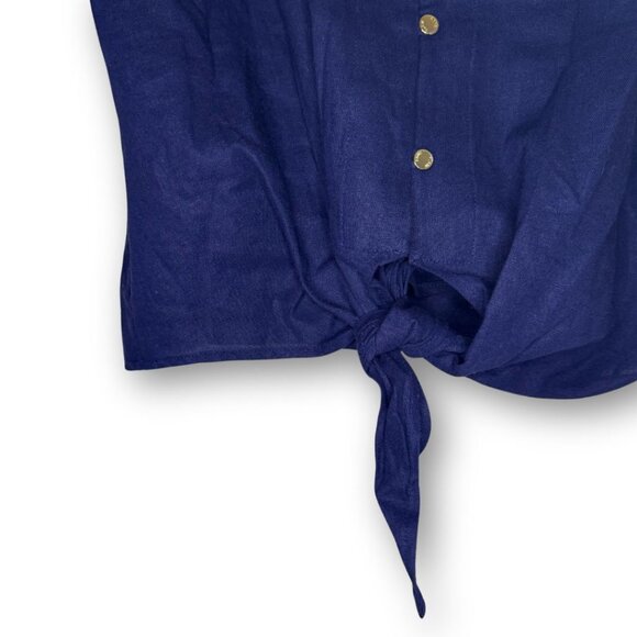 NWT Anne Klein Linen Short Sleeve Tie Front Navy Blue Blouse Size Small - Picture 4 of 7